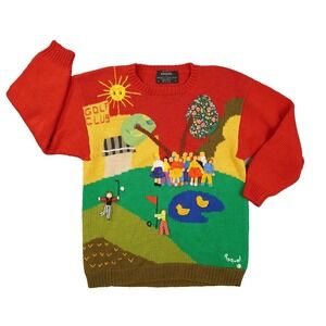 Raquel Collection Sweater Womens Medium Red Golf Scene 3D Doll Knit Art Peru
